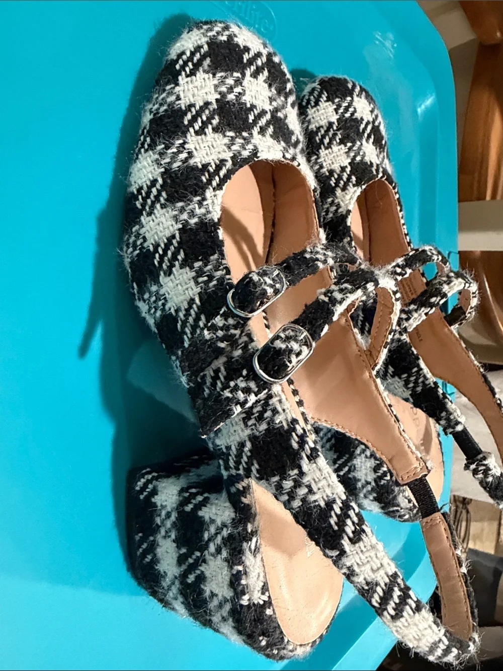 Madden Girl Black & White Plaid Double-Strap Mary Jane Flats - Picture 2 of 5